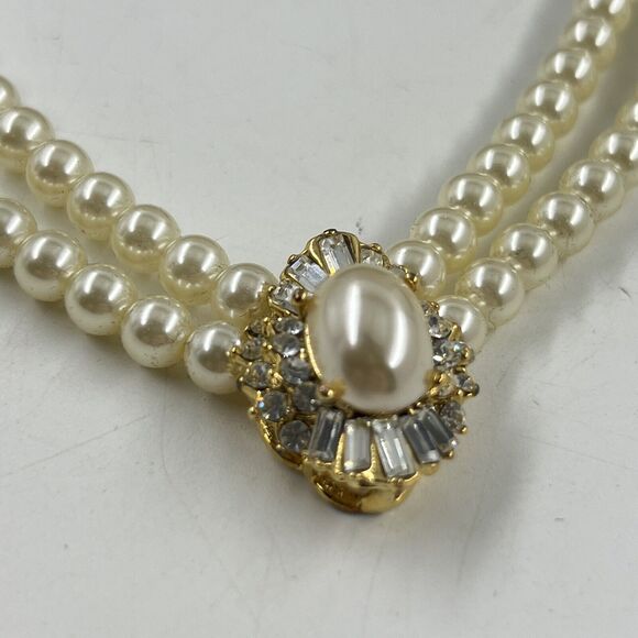 Vintage Faux Pearl Rhinestone Pendant Choker Necklace Cream Gold Tone Elegant - Picture 4 of 4